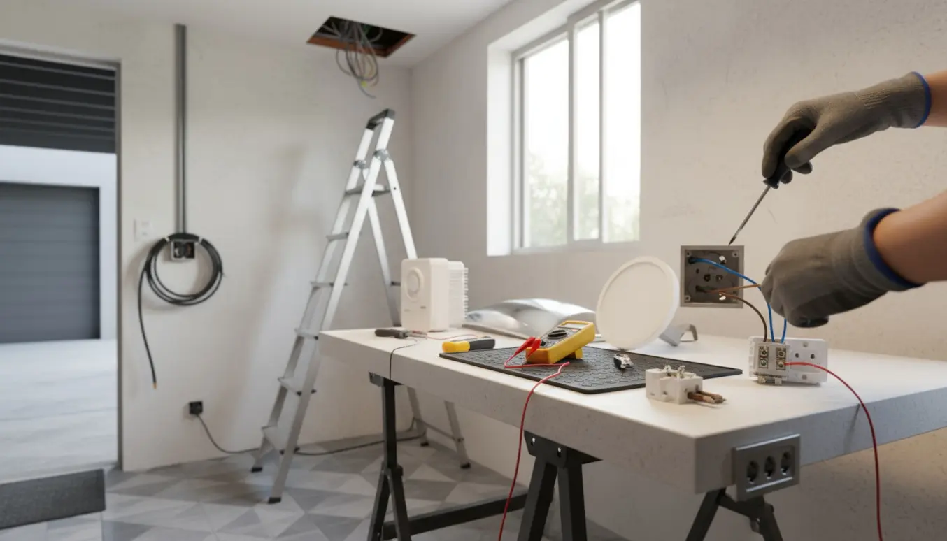 Elektriker med handsker tilslutter en vægstikkontakt med værktøj og reservedele spredt omkring.
