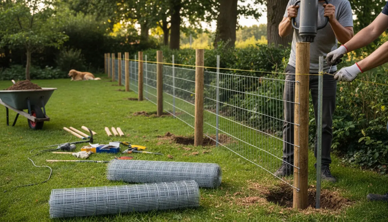 Hegnsopsætning i baghaven med ruller trådhegn, stolper og værktøj i forgrunden.