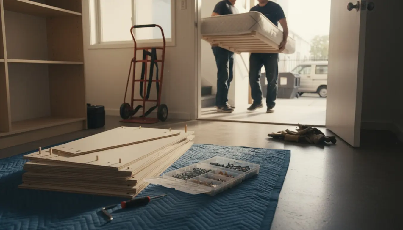 To personer bærer en seng ned ad en opgang, mens adskilte skabsplader, værktøj og en container ses gennem døren.