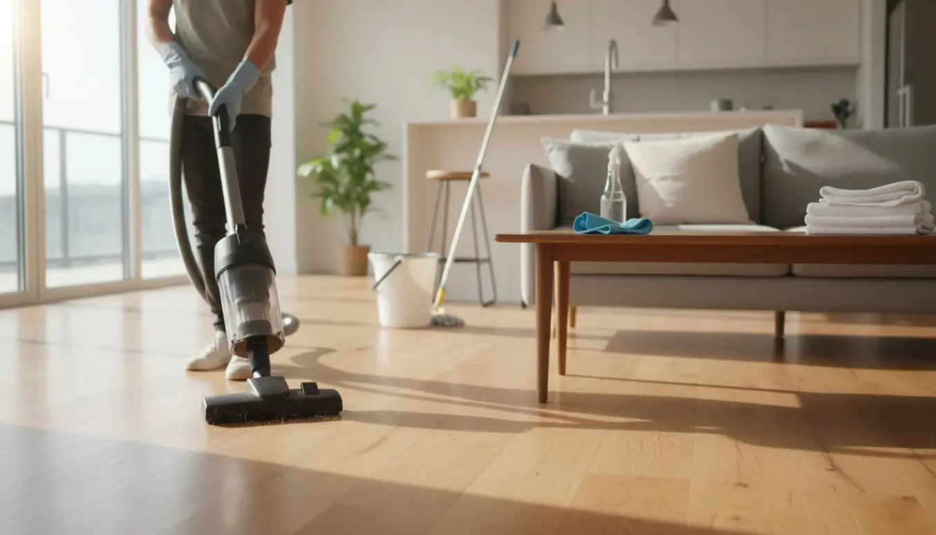 Rengøringshjælp støvsuger og tørrer af i en lys, rummelig lejlighed med moppe og rengøringsmidler.