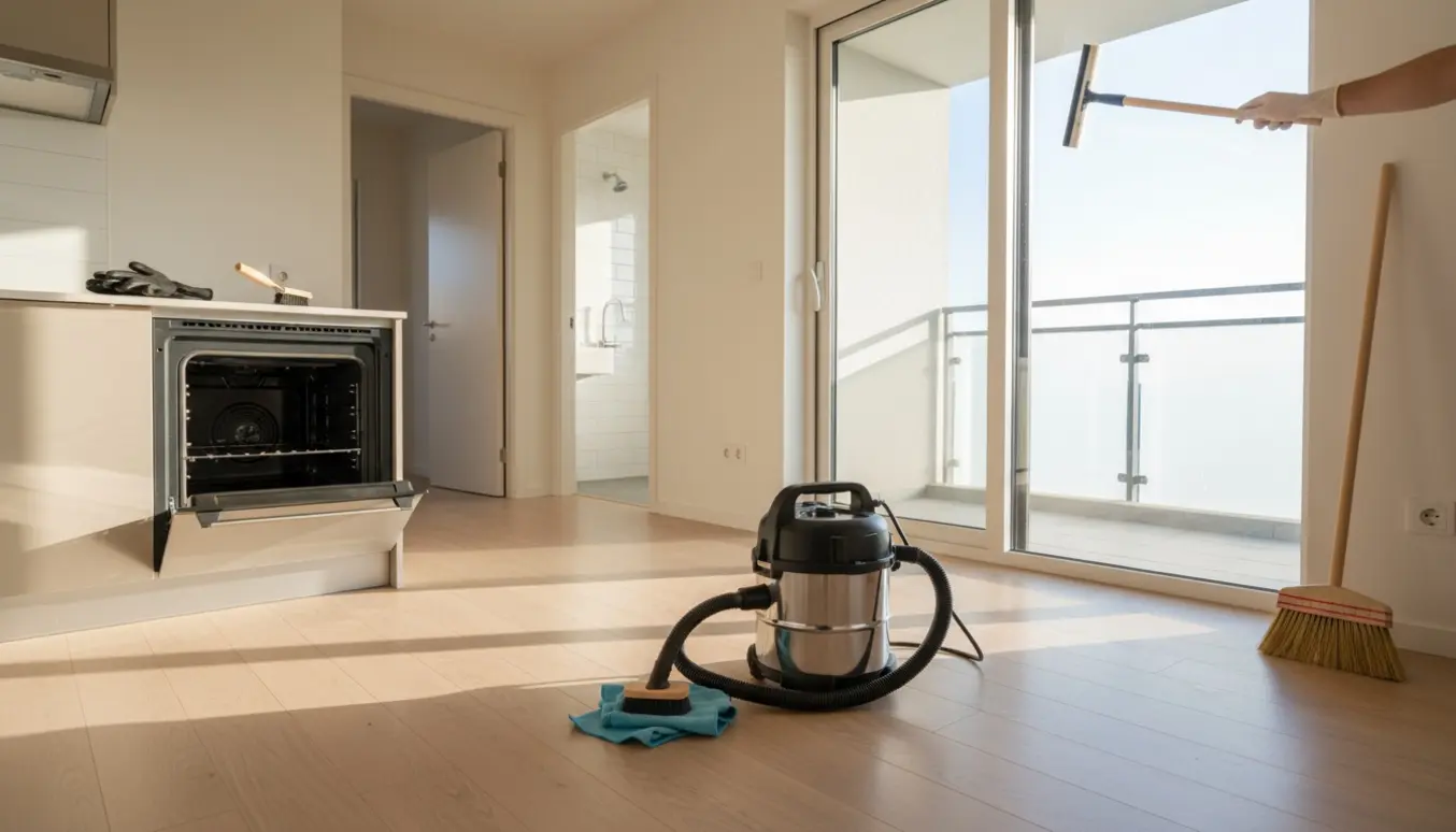 Tom lejlighed under udflytningsrengøring med damprenser, squeegee på vindue, åben ovn og ren altan.