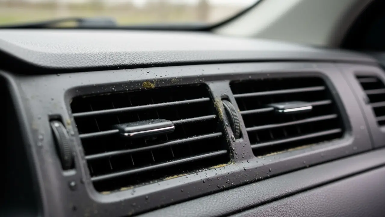 Nærbillede af bilens ventil med synlige mugpletter og fugt