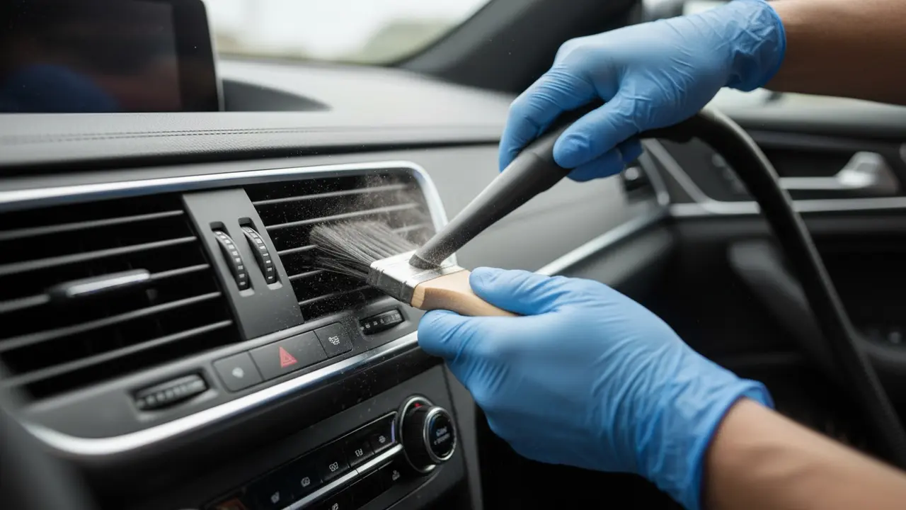 Hænder renser ventilationsgitre med blød børste og støvsuger