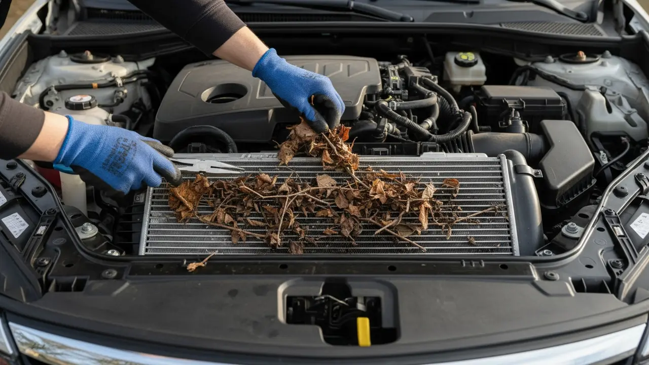 Motorrum med kondensatorventilator tilstoppet af blade og snavs