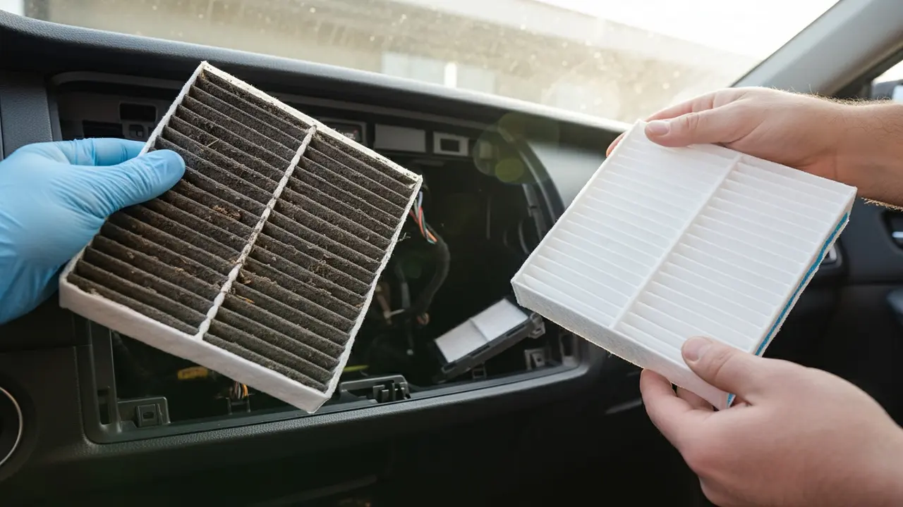 Udskiftning af kabinefilter med snavset filter ved siden af nyt filter