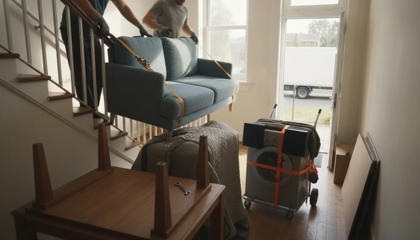 To flyttere bærer en sofa ned ad en opgang med et afmonteret spisebord og en vaskemaskine på dolly klar til bortskaffelse.
