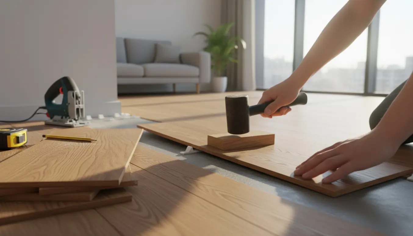 Hænder monterer et nyt trægulvsbræt med slagnøgle og afstandsklodser i et solbeskinnet rum.