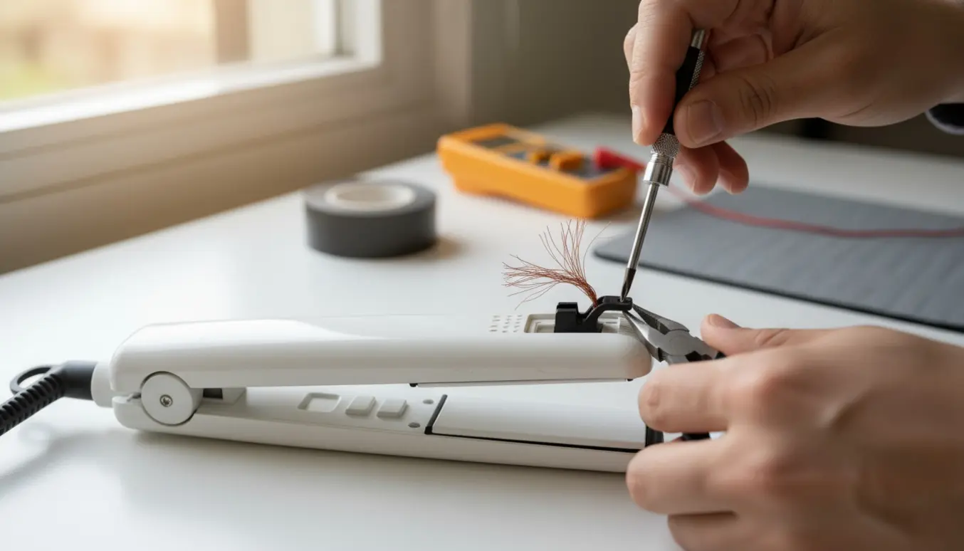 Nærbillede af et åbent glattejern med synlig løs ledningsforbindelse, hvor hænder arbejder med små værktøjer.