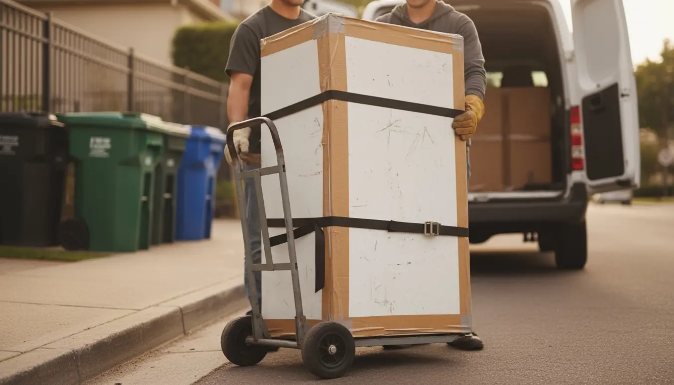 Et gammelt køleskab på sækkevogn ved kantstenen, klar til afhentning til genbrugsstationen.