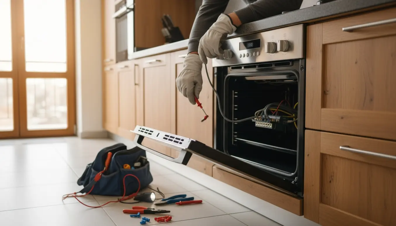 Elektiker arbejder på en indbygget ovn, der er trukket ud med blottede ledninger og værktøj på gulvet.