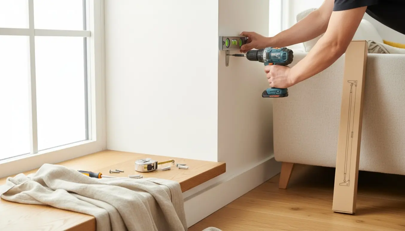 Hænder monterer gardinstang over en bred vindueskarm med værktøj og ekstra gardinstang ved siden af.