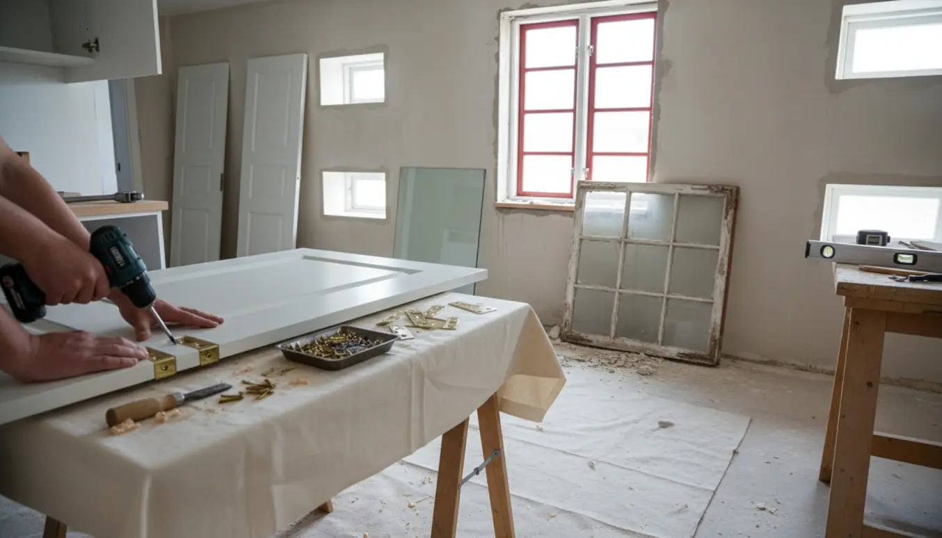 Renoveret entré med udskiftet Dannebrog-vindue, håndværkerhænder der justerer hængsler og tre indvendige døre klar til montering.