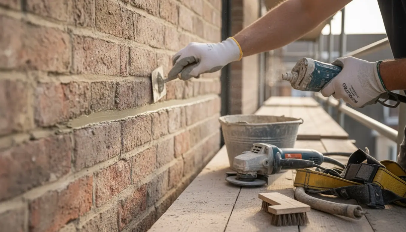 Nærbillede af omfugning på en facaderenovering, hvor en håndværker påfører frisk fugemørtel i udfræsede fuger.