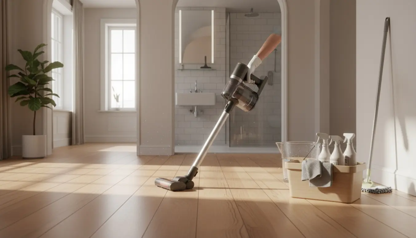 Solbeskinnet stue og åbent badeværelse hvor en rengøringsassistent støvsuger og har rengøringsudstyr klar.