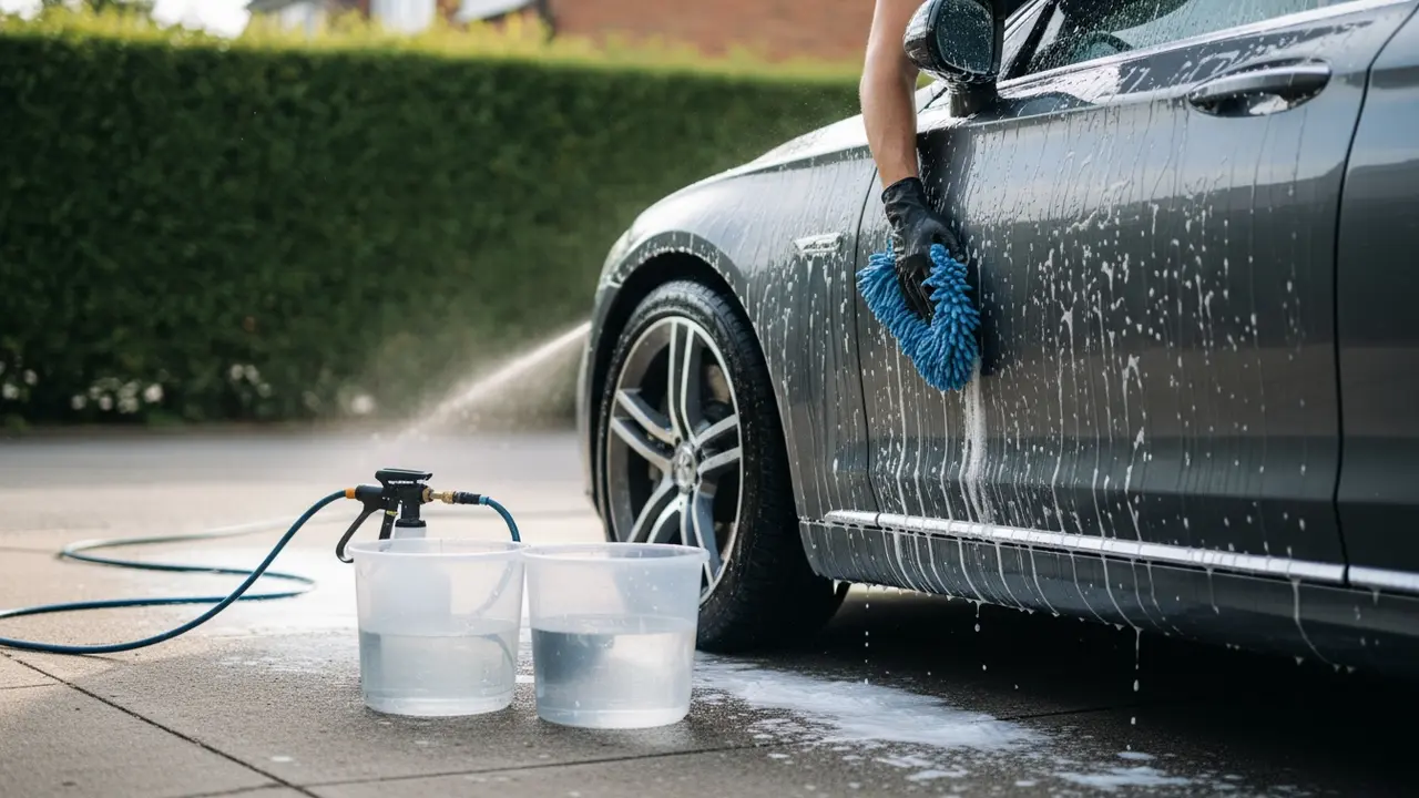 Person vasker bil forsigtigt med mikrofiberhandske og to-spandmetode, minimal vandbrug.