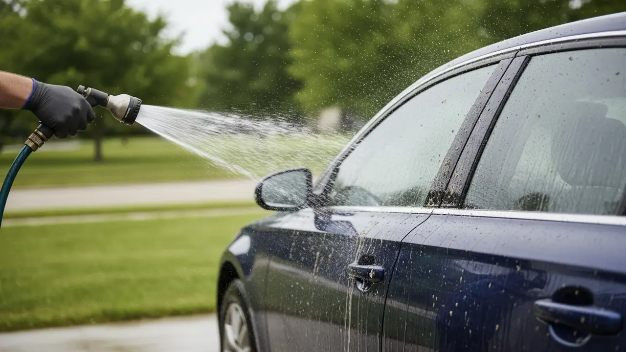 Lavtryks skylning af bil med haveslange i skrå vinkel omkring 30–40 cm fra lakken.