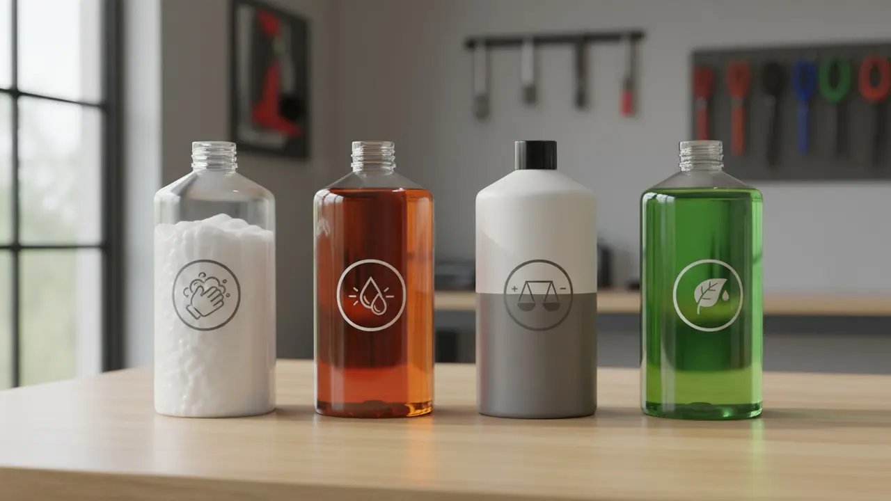 Forskellige typer autoshampoo på bænk: skum, voksbaseret, pH-neutral og bionedbrydelig, uden mærker.