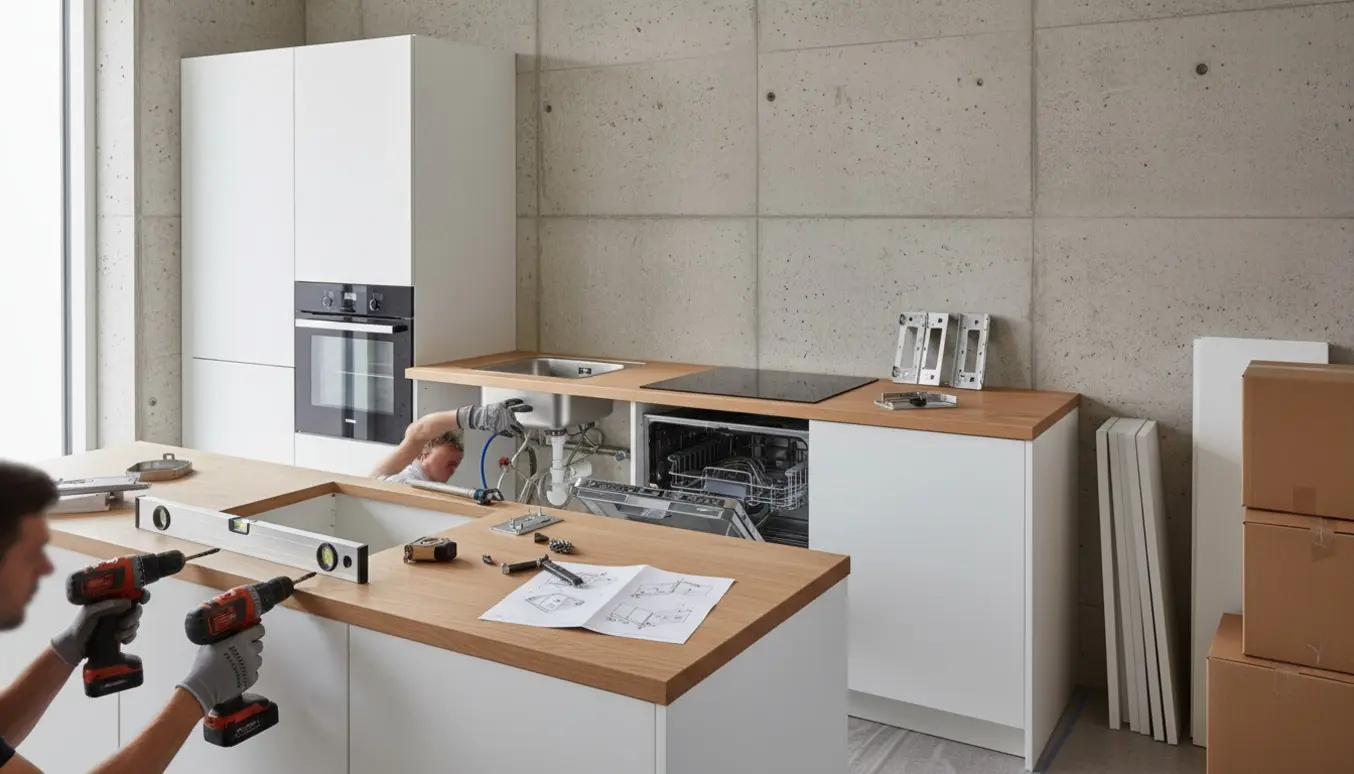 Montage af et moderne modulært køkken med integrerede apparater og vask foran en gasbetonvæg.