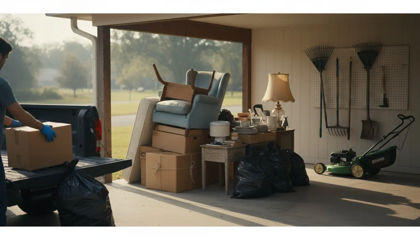Åben carport med stablede gamle sager klar til afhentning, mens haveredskaber står adskilt og uforstyrrede.