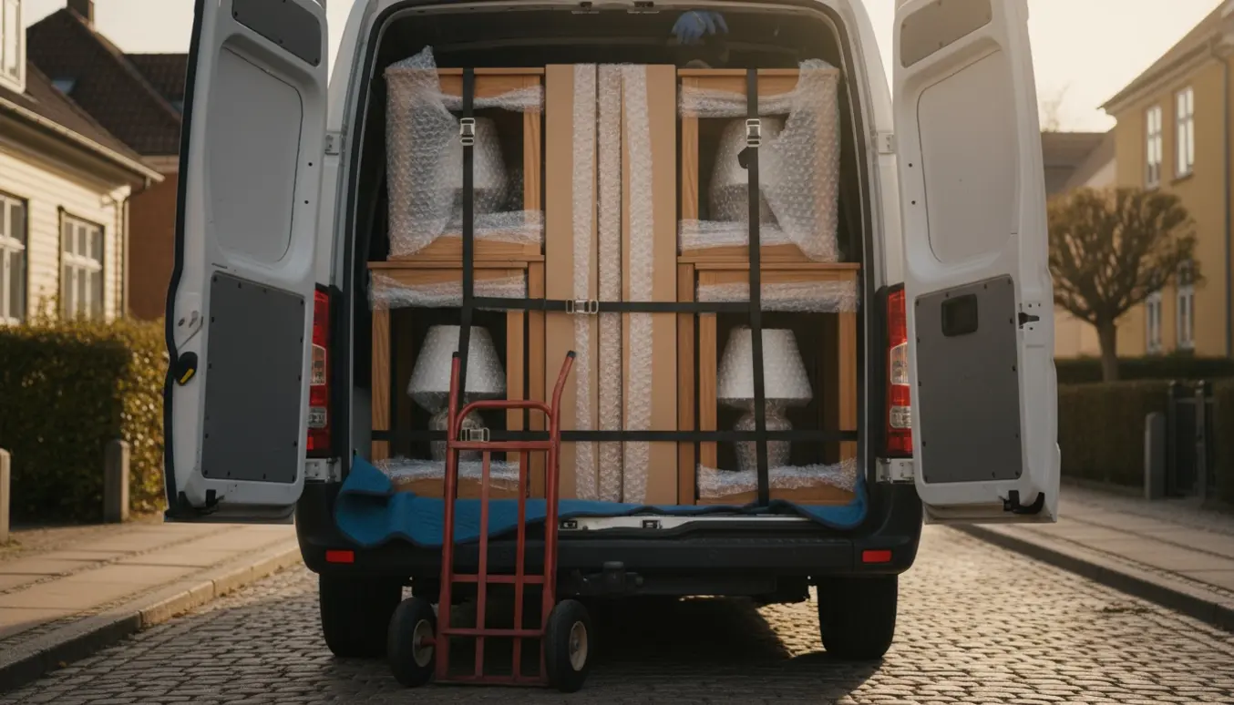 Indpakkede hjørneborde og lamper lastes i en varevogn i gyldent aftenslys.