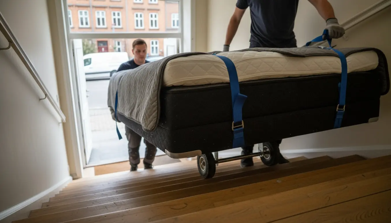 Flytning af en stor kontinental seng op ad en indendørs trappe med flytteudstyr og en flyttevogn udenfor.