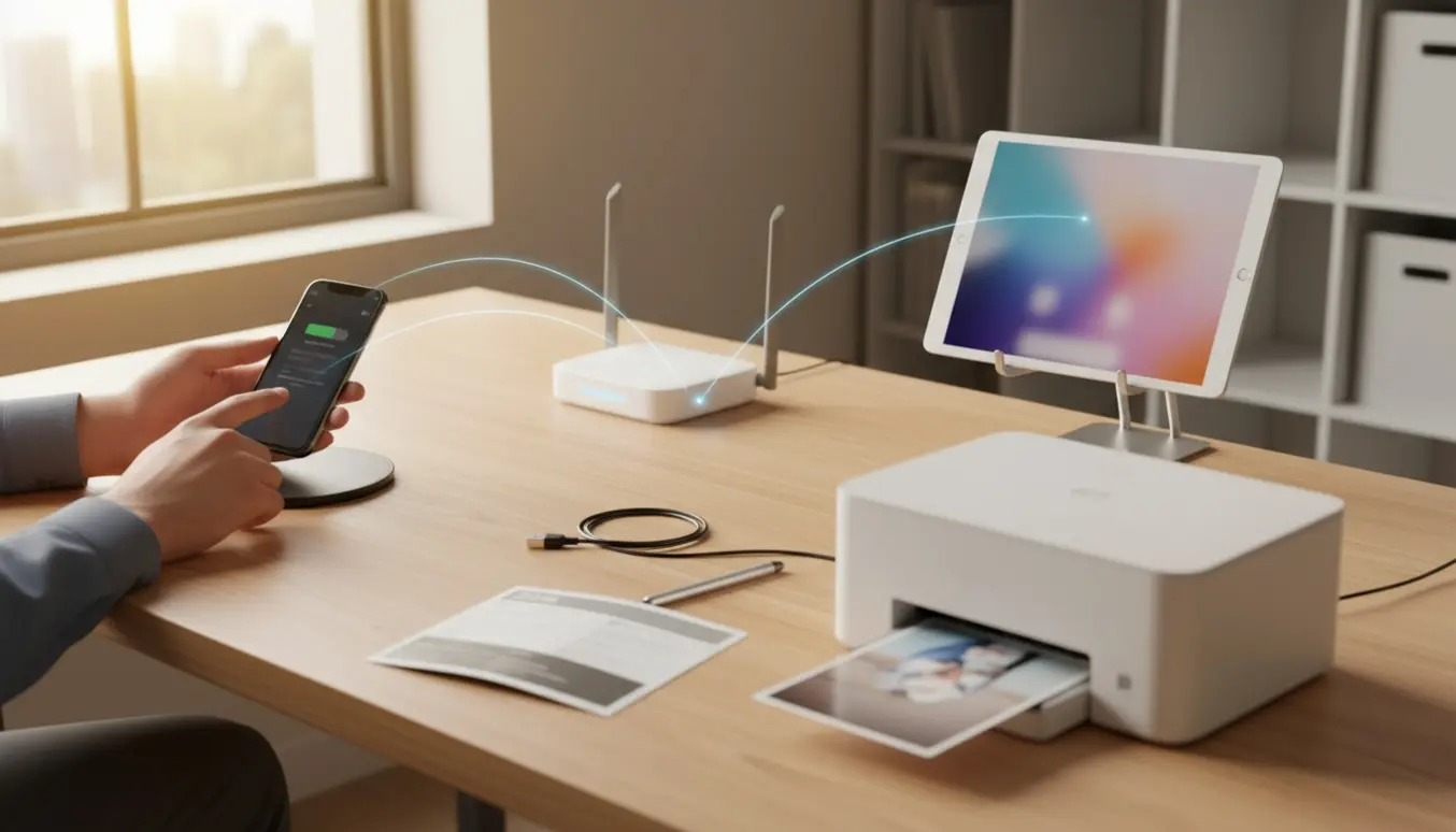 Et hjemmekontorbord med router og hænder, der opsætter trådløs forbindelse til mobil, tablet og printer.