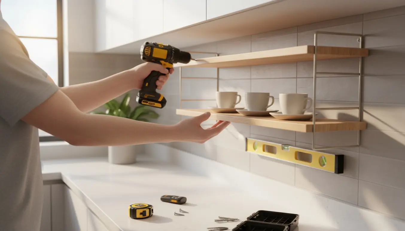 Hænder monterer en lille string-style væghylde i et lyst køkken med kaffekopper på hylden.