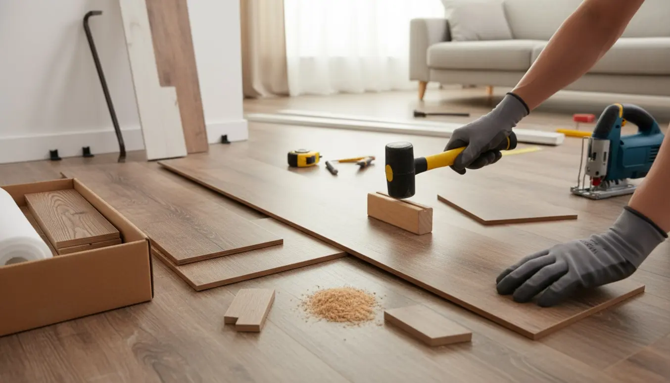 Hænder monterer klikgulv i en stue med værktøj og fjernede fodpaneler.