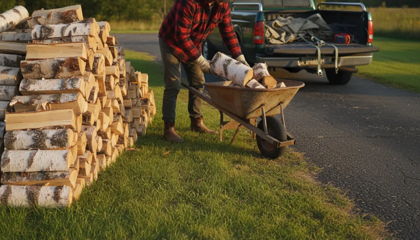 En person læsser birkebrænde i en trillebør ved en stak fem meter fra en asfaltvej, med en pickup klar på indkørslen.