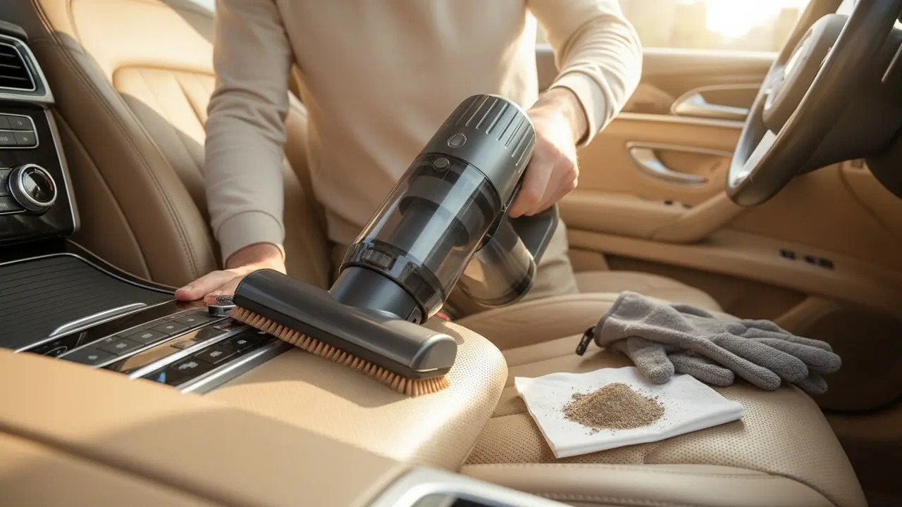 Person støvsuger lædersæde med blødt børstevedhæng og mikrofiberhandske