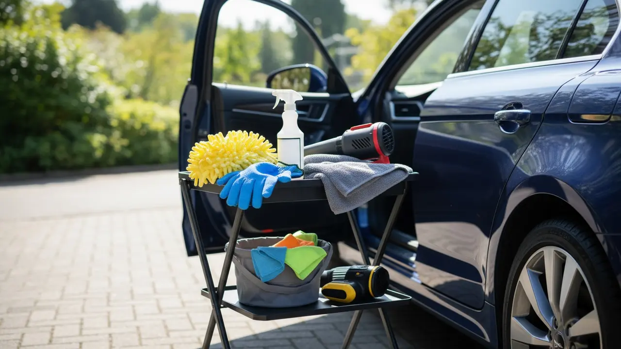 Oversigt over udstyr til vandfri bilvask lagt frem ved siden af bilen