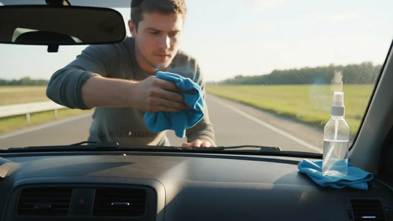 Indvendig pudsning af forrude med mikrofiberklud og glasrens for klart udsyn