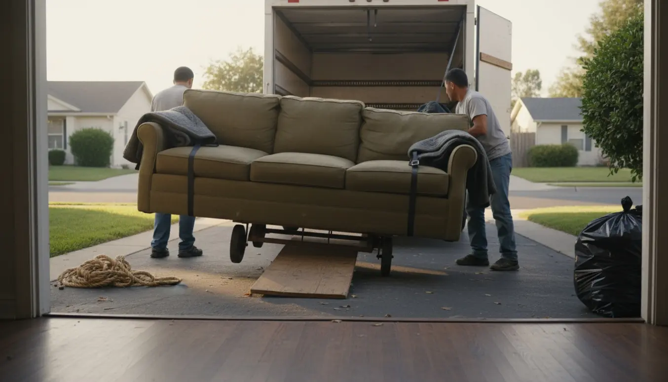 En stor slidt sofa læsses på en flyttebil af to personer med ryggen til, klar til afhentning og bortskaffelse.