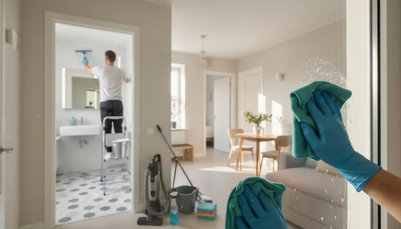 Indvendig scene af flytterengøring: handsker tørrer et vindue, mens en stige og rengøringsudstyr ses udenfor ved et lyst, ryddeligt rækkehus.