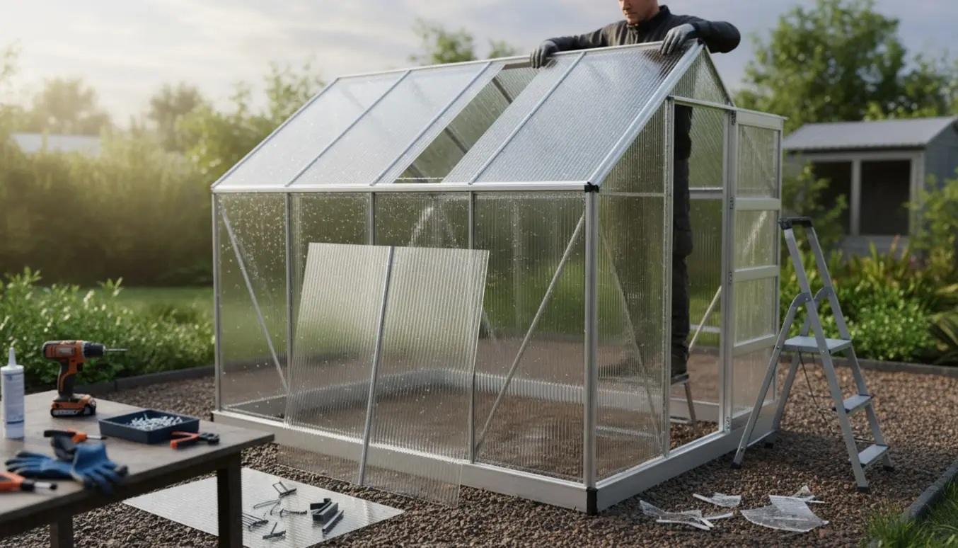 Reparation af drivhus efter storm med nye tagplader og genmontering af en dør.