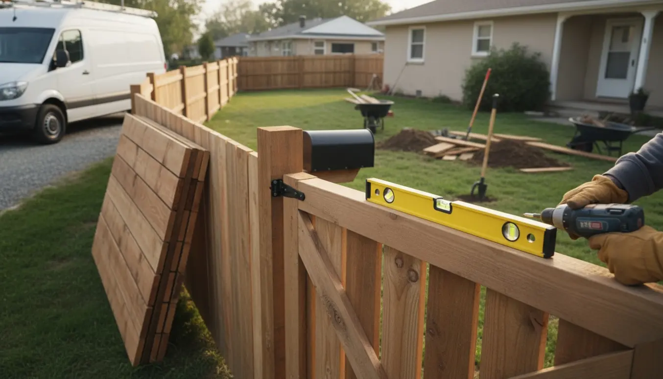 Hænder monterer en træport med BERGEN-lamelpaneler i forhaven, mens gammelt hegn er delvist fjernet og værktøj ligger klart.