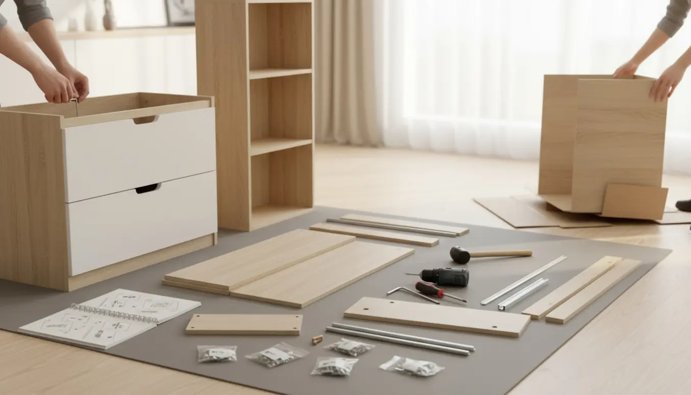 Lys stue hvor en kommode og en smal reol samles, med værktøj og sammenfaldet pap klar til afhentning.