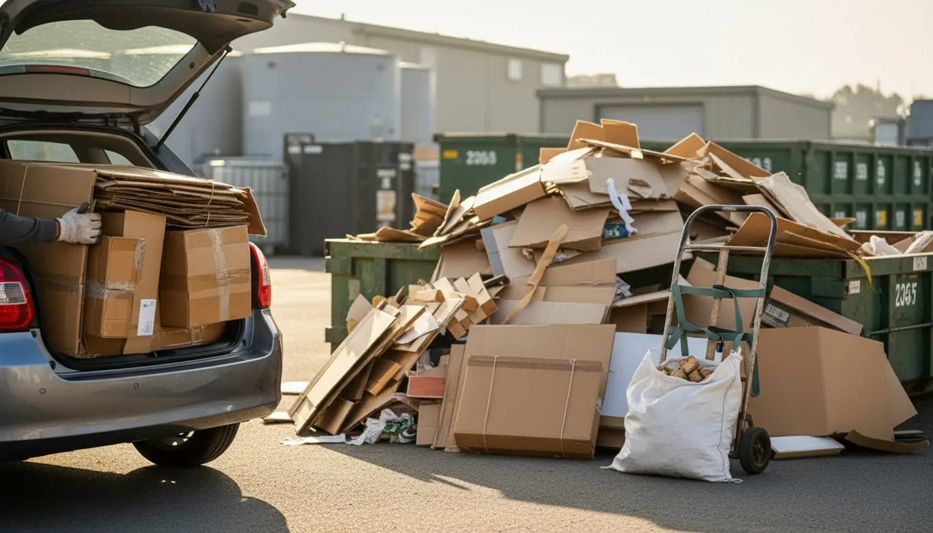 Åben bilbagagerum fyldt med sammenfoldet pap og en person med handsker, klar til at aflevere pap og småt brændbart på genbrugspladsen.