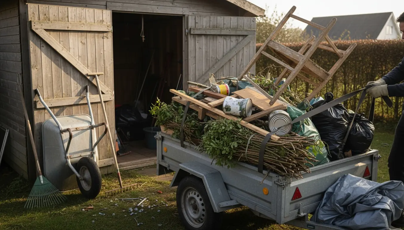 Trailer bliver lastet med skur- og haveaffald foran et åbent redskabsskur.