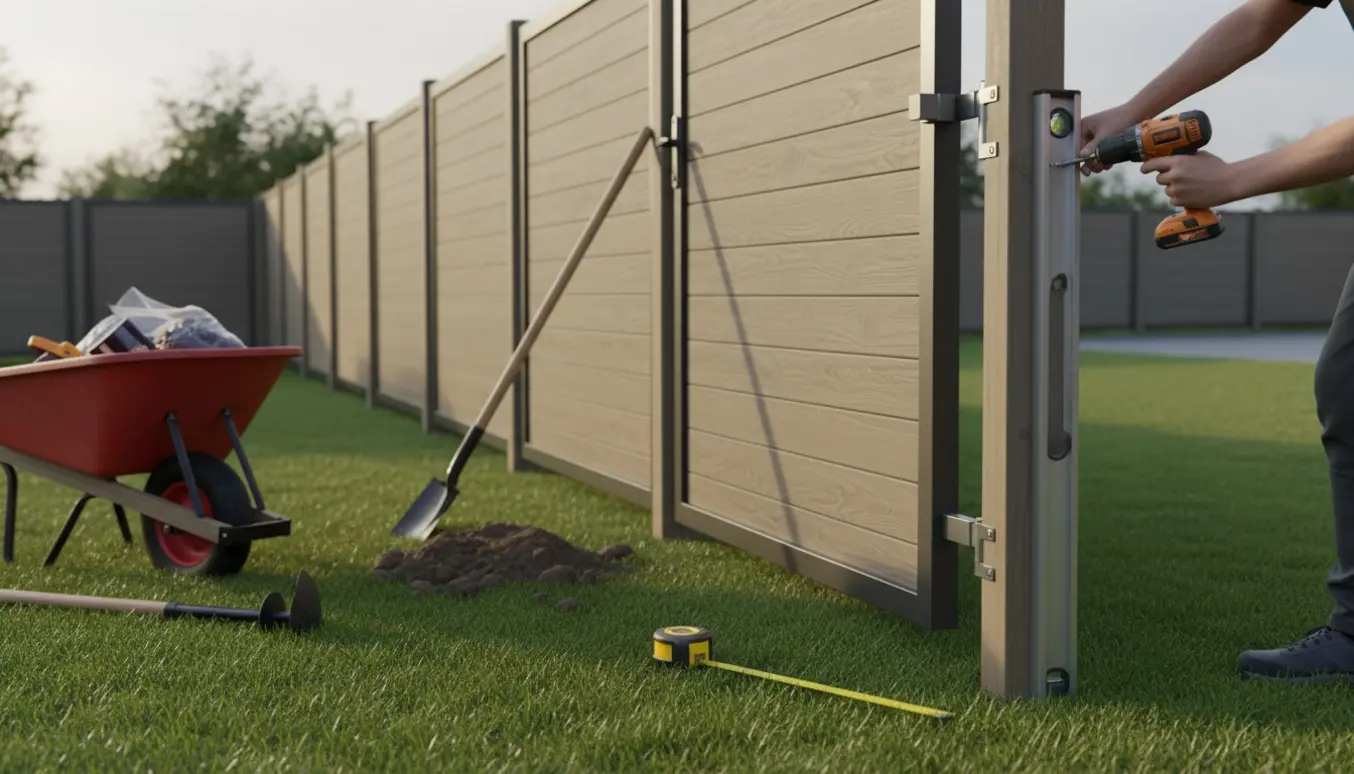 Montage af komposithegn og låge på græsplæne med værktøj og monteringsdetaljer.