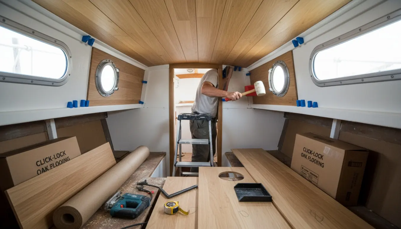 Hænder monterer klikgulv i bådens loft omkring vinduer med værktøj og materialer omkring.