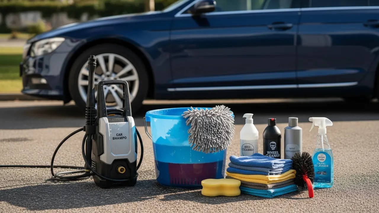 Organiseret samling af bilvaskudstyr ved en ren bil på en indkørsel.