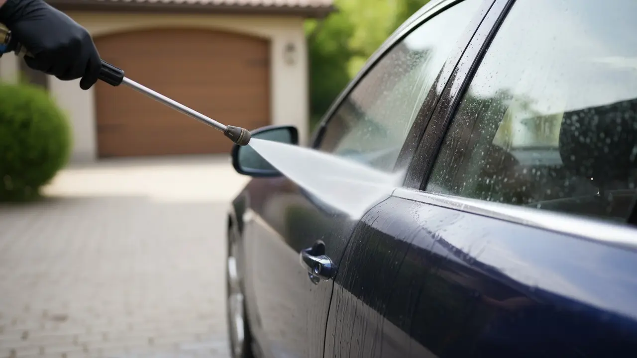 Person bruger højtryksrenser i sikker afstand med moderat sprøjt på en bil.
