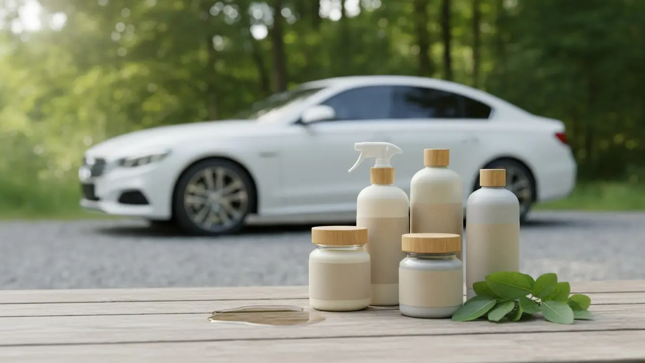 Miljøvenlige bilplejeprodukter på træbord med grønne blade og bil i baggrunden.