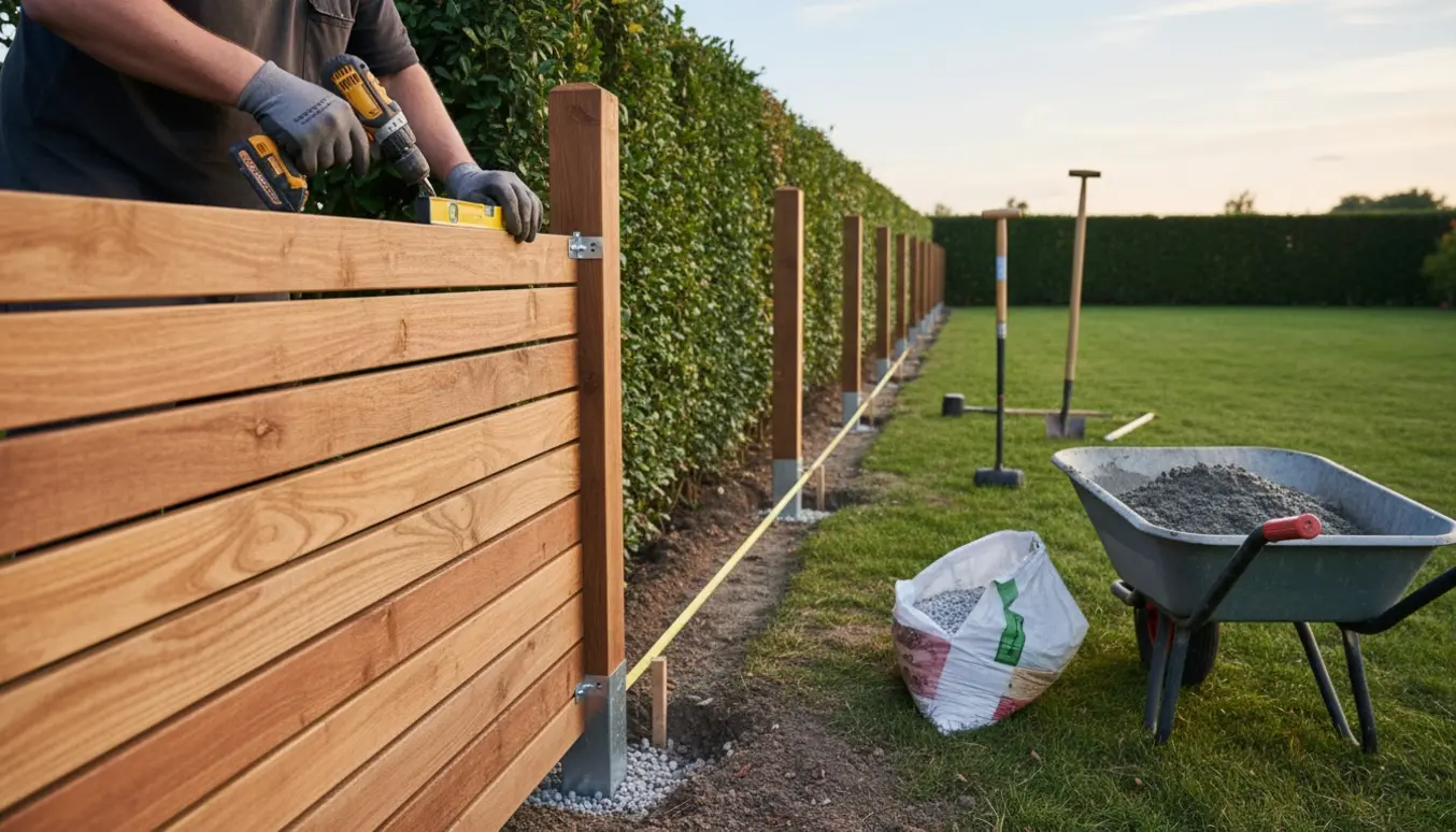 Nærbillede af hænder, der monterer lamelhegn langs en hæk med stolper, postspyd og værktøj.