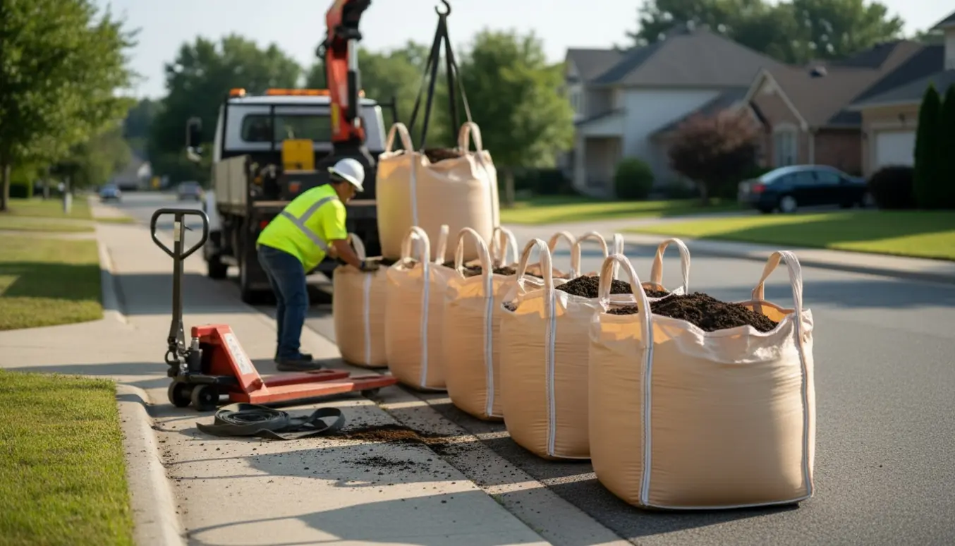 Otte store bigbags med ren jord på fortovet ved en lastbil, klar til hurtig afhentning.