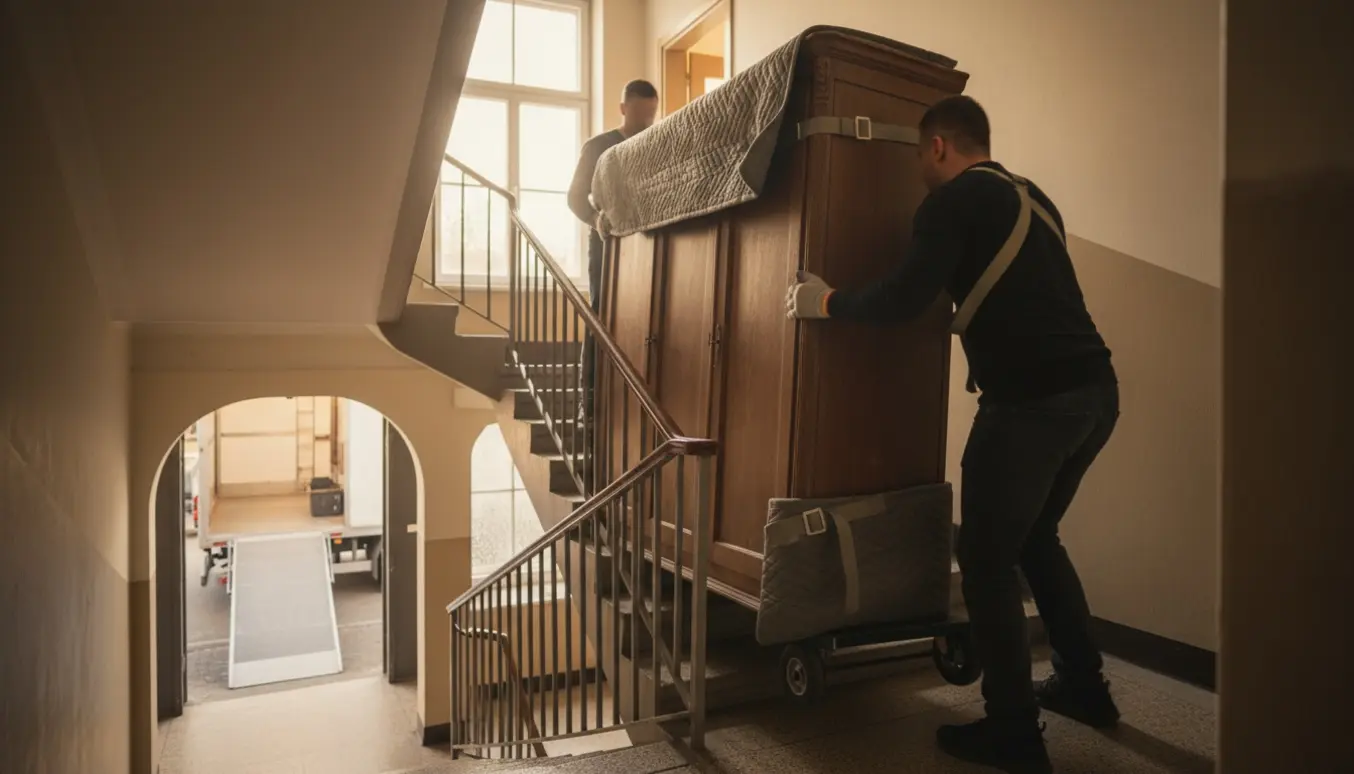 To flyttemænd bærer et stort træskab op ad en trappe med flyttetæpper og stropper.