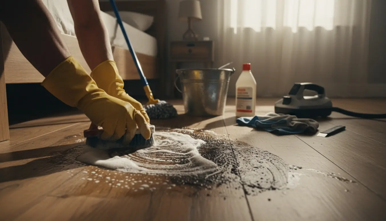 Hænder i gummihandsker renser indtørret opkast mellem trægulvsbrædder med børste og rengøringsudstyr i et soveværelse.
