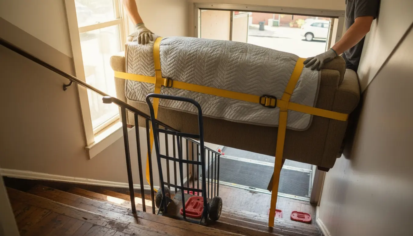 To personer bærer en sofa ned ad en trappe mod en åben varevogn til genbrug, med flyttetæpper og udstyr.