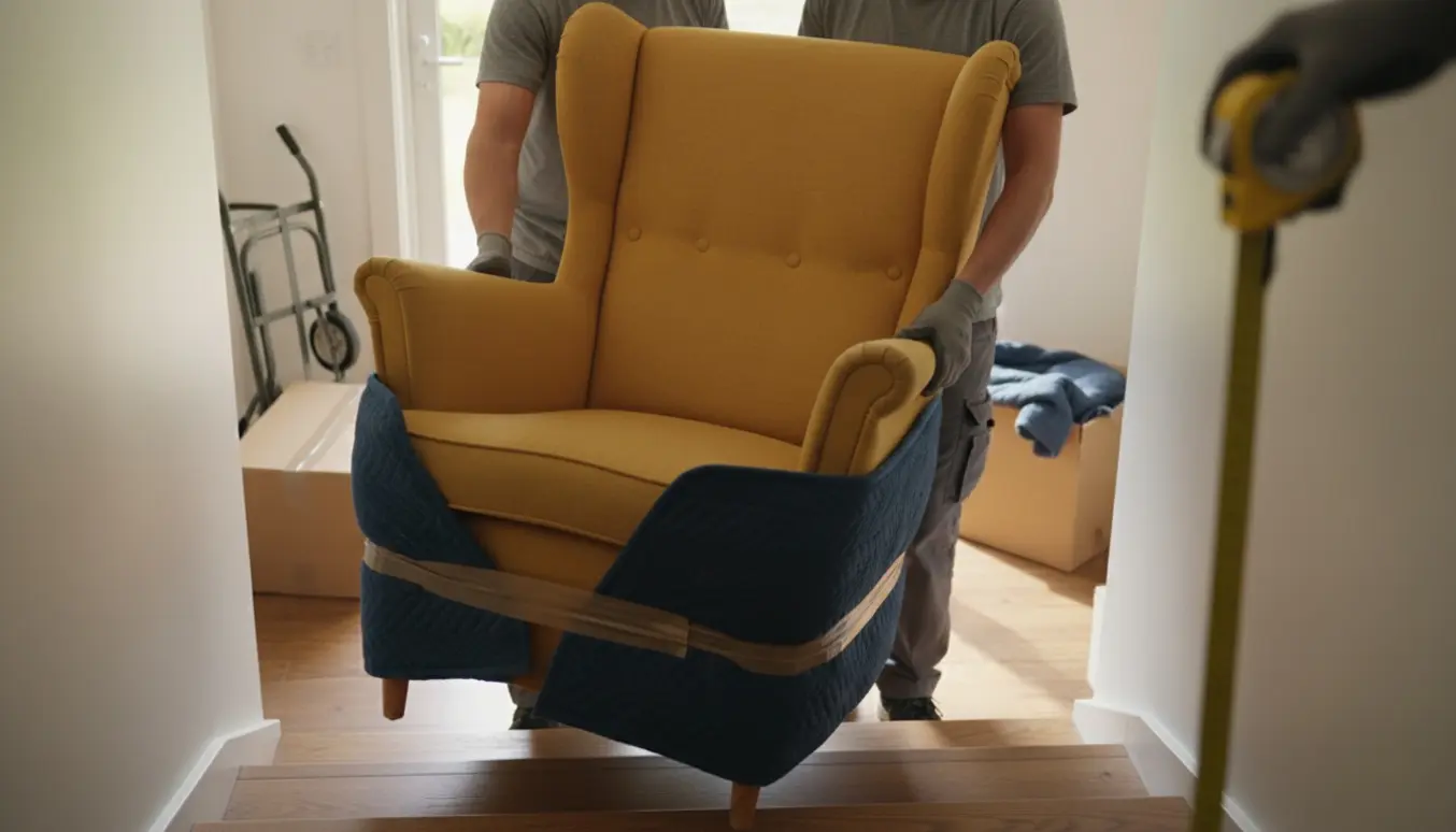 En brugt IKEA Strandmon-lænestol bæres op ad en smal trappe med et målebånd holdt ved siden af, ansigter er uden fokus.